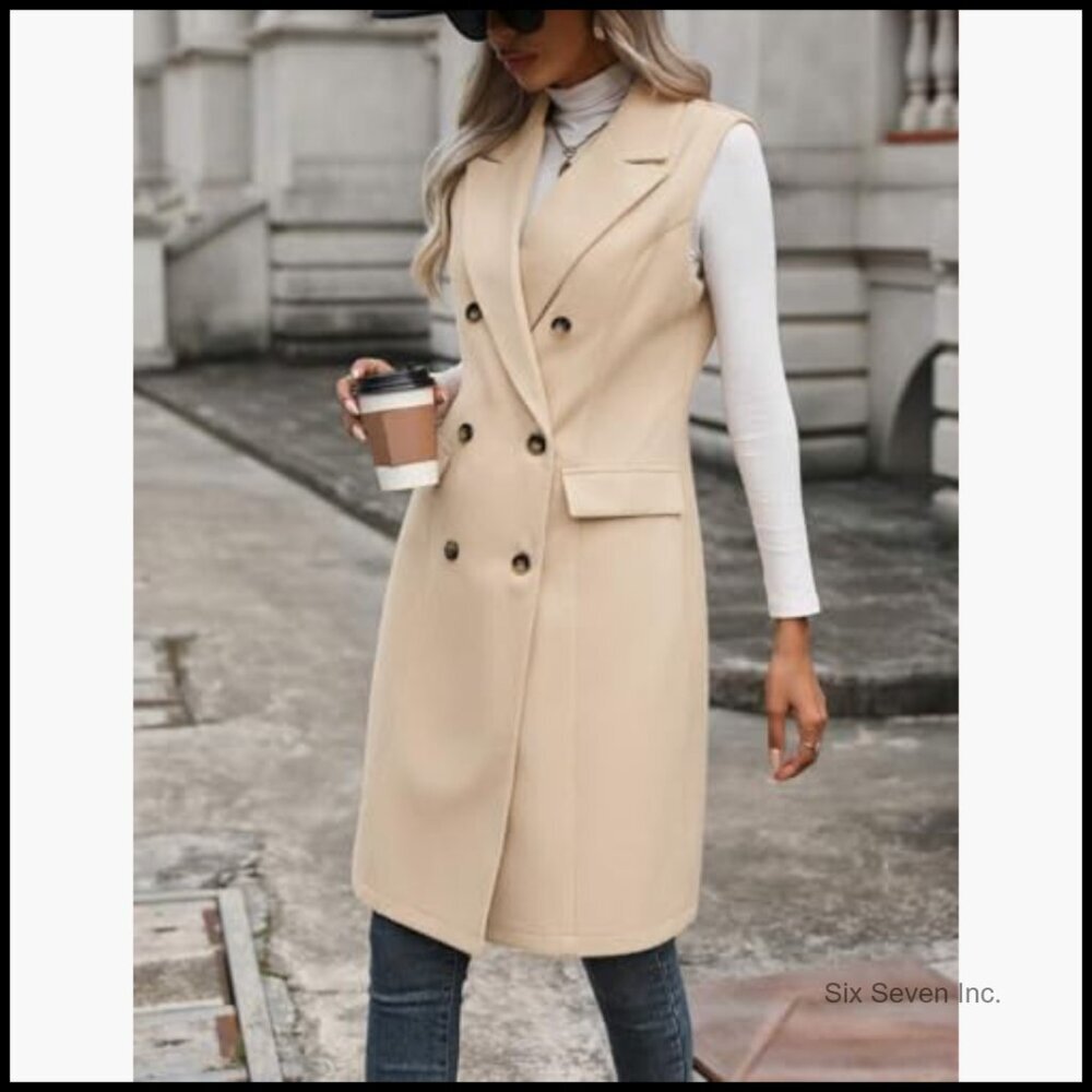 Long Wool Blend Vest Sleeveless Blazer Jacket Trench Coat Outerwear - Picture 6 of 6